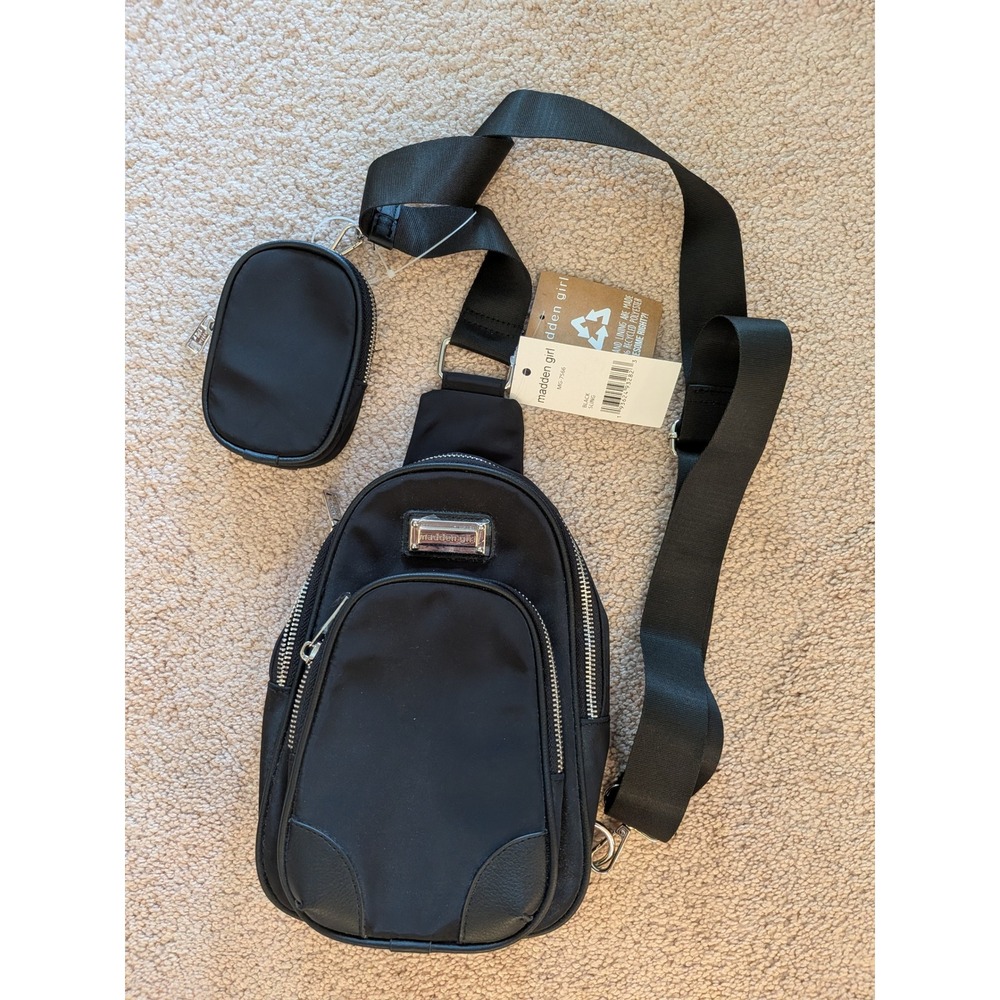 New With Tags Madden Girl‎ Black Nylon Sling Backpack with Detachable Coin Purse